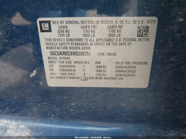 44403295 :رقم المزاد ، 3GCUKRECXHG509751 vin ، 2017 Chevrolet Silverado 1500 2lt مزاد بيع