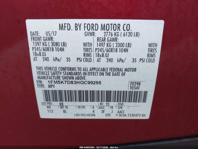 1FM5K7D83HGC99295 Ford EXPLORER XLT