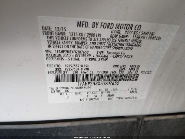 1FAHP2H8XFG207652 Ford TAURUS SEL