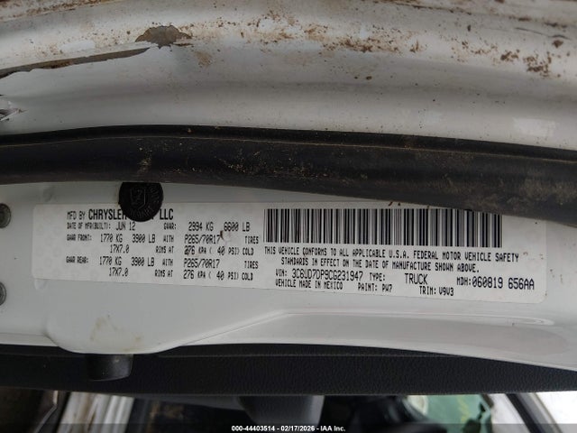 Aukcja sprzedaży 2012 Ram 1500 St, vin: 3C6JD7DP9CG231947, numer aukcji: 44403514