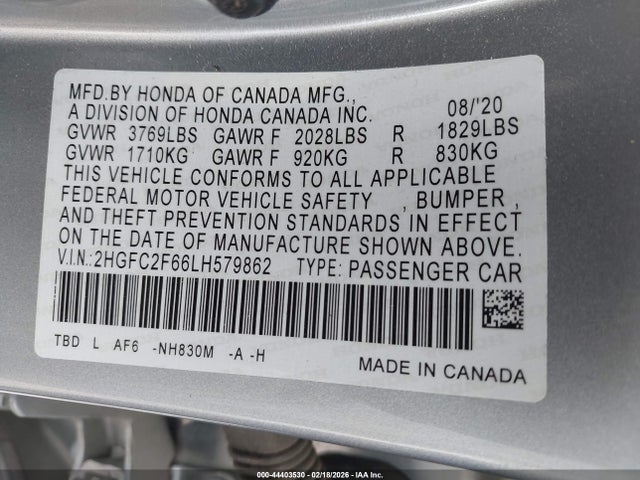 Honda Civic Lx 2020 2HGFC2F66LH579862 Image 9