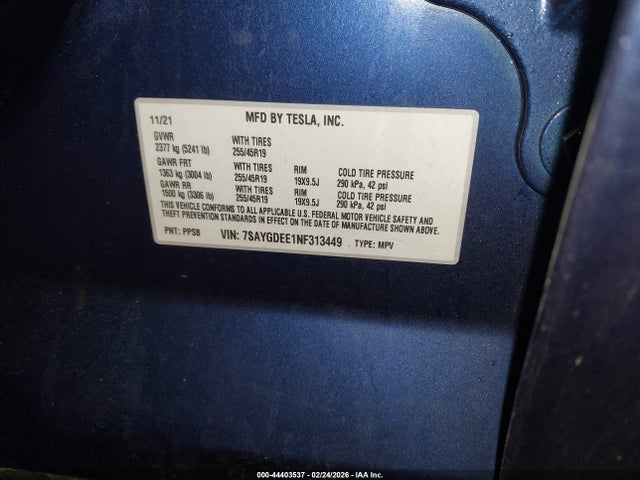 Aukcja sprzedaży 2022 Tesla Model Y Long Range Dual Motor All-wheel Drive, vin: 7SAYGDEE1NF313449, numer aukcji: 44403537
