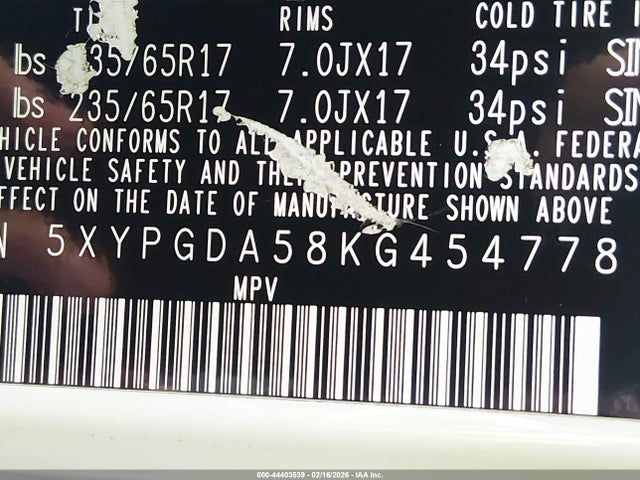 5XYPGDA58KG454778 KIA Sorento 3.3l Lx