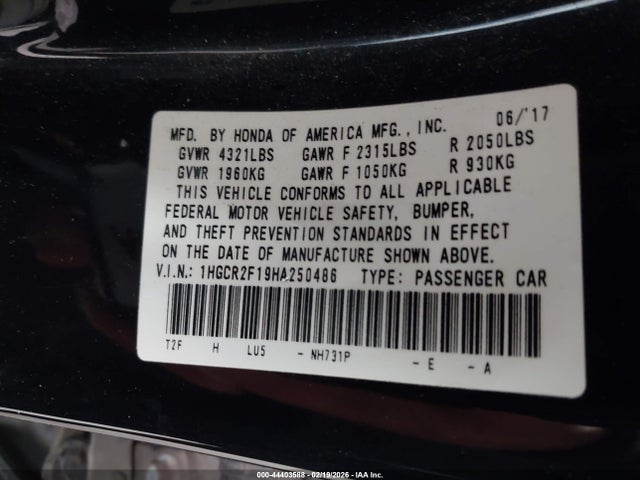 1HGCR2F19HA250486 Honda Accord Sport Se