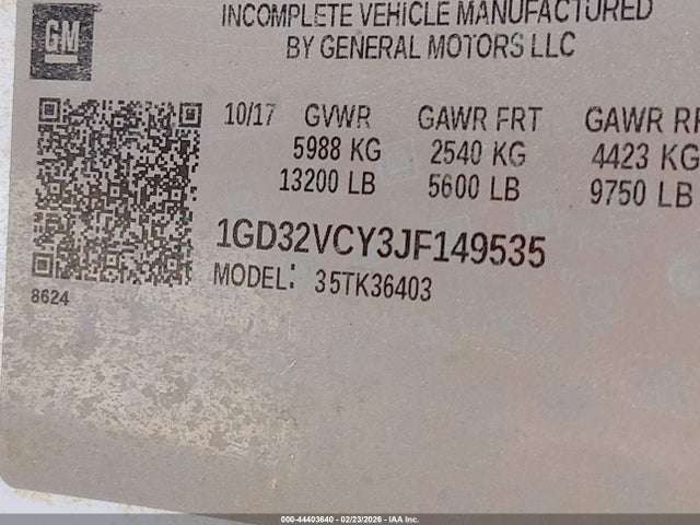 Aukcja sprzedaży 2018 Gmc Sierra 3500hd Chassis, vin: 1GD32VCY3JF149535, numer aukcji: 44403640