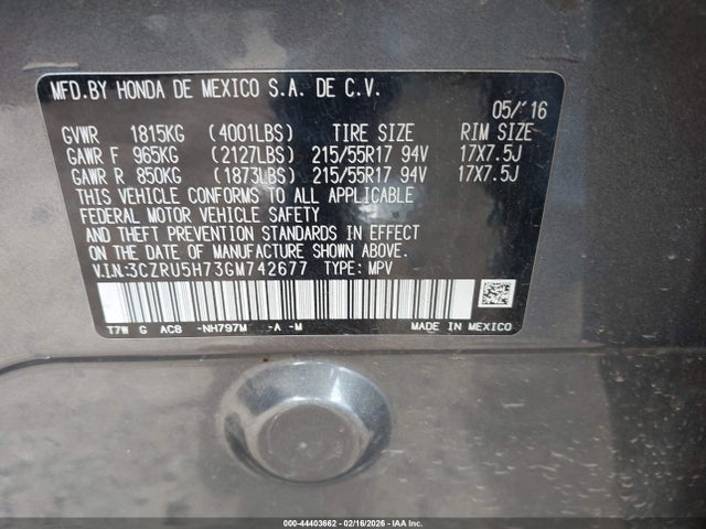 3CZRU5H73GM742677 Honda Hr-v Ex-l