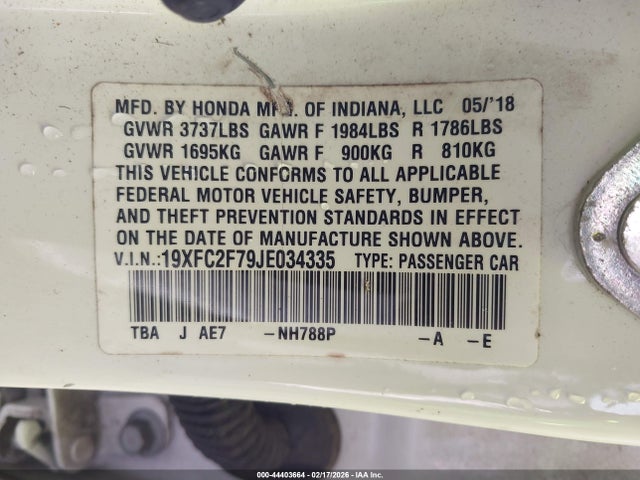 44403664 :رقم المزاد ، 19XFC2F79JE034335 vin ، 2018 Honda Civic Ex مزاد بيع