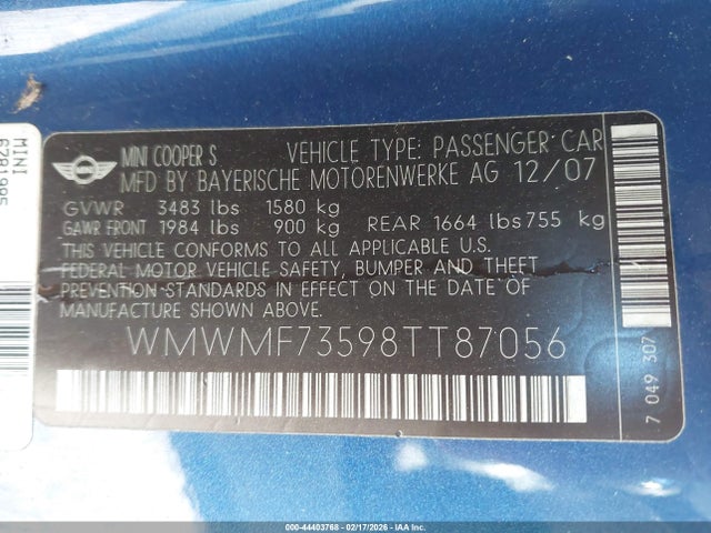 2008 MINI COOPER S WMWMF73598TT87056 Photo 8
