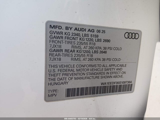 2025 Audi Q3 Premium 45 Tfsi S Line Quattro Tiptronic მანქანა იყიდება აუქციონზე, vin: WA1EEDF35S1097364, აუქციონის ნომერი: 44403783