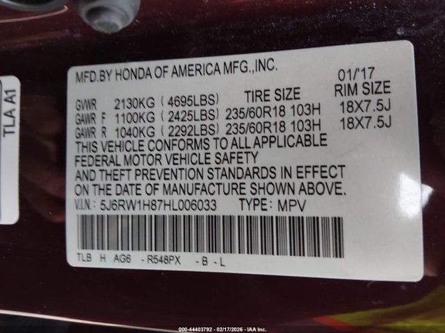 5J6RW1H87HL006033 Honda Cr-v Ex-l/ex-l Navi