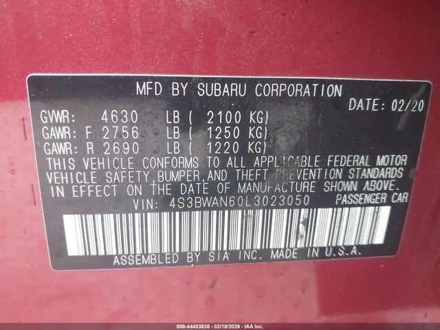 Продажа на аукционе авто 2020 Subaru Legacy Limited, vin: 4S3BWAN60L3023050, номер лота: 44403838