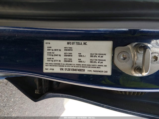 Aukcja sprzedaży 2019 Tesla Model 3 Long Range/performance, vin: 5YJ3E1EB4KF408259, numer aukcji: 44403894