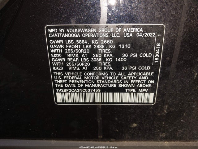 1V2BP2CA2NC537459 Volkswagen Atlas 2.0t Sel