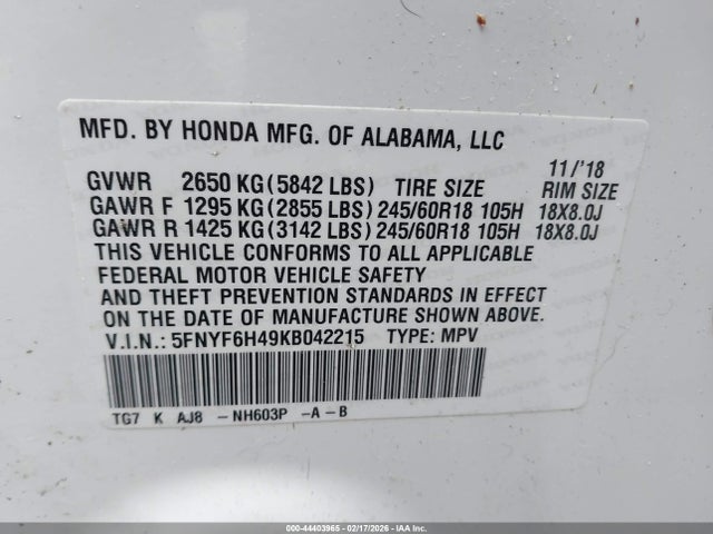 5FNYF6H49KB042215 Honda Pilot Ex-l
