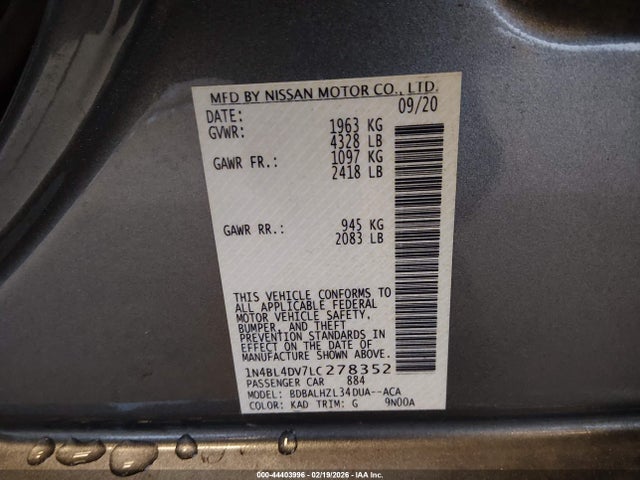 1N4BL4DV7LC278352 Nissan Altima Sv Fwd