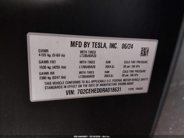 Aukcja sprzedaży 2024 Tesla Cybertruck, vin: 7G2CEHED0RA018631, numer aukcji: 44404001