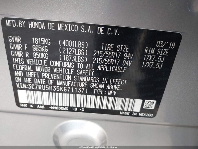 3CZRU5H35KG711371 Honda HR-V LX