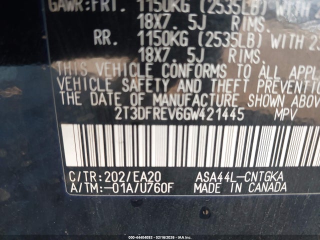 44404092 :رقم المزاد ، 2T3DFREV6GW421445 vin ، 2016 Toyota Rav4 Limited مزاد بيع