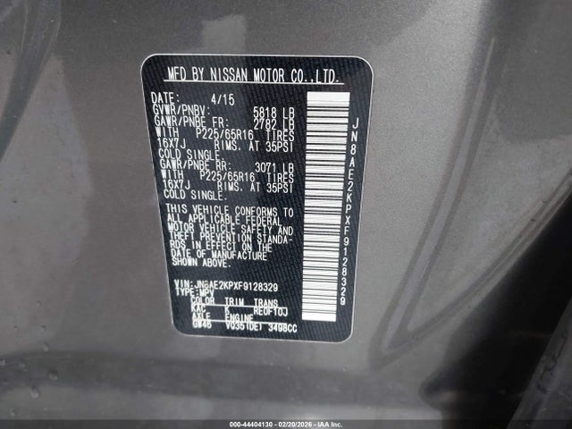 JN8AE2KPXF9128329 Nissan Quest Platinum/s/sl/sv