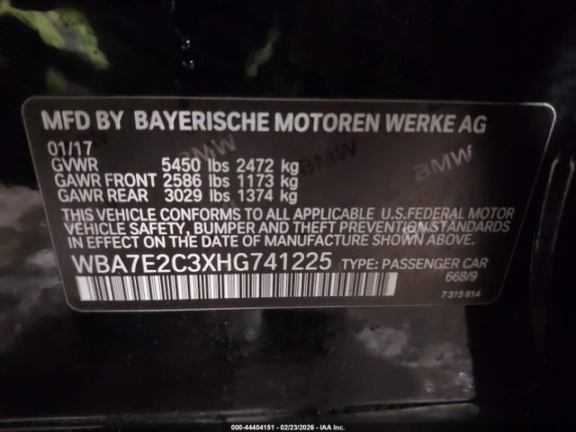 Aukcja sprzedaży 2017 Bmw 740i, vin: WBA7E2C3XHG741225, numer aukcji: 44404151