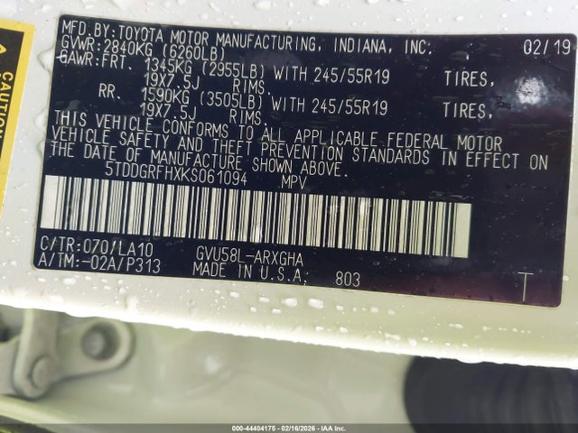 5TDDGRFHXKS061094 Toyota Highlander Hybrid Limited Platinum