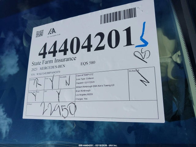 Aukcja sprzedaży 2023 Mercedes-benz Eqs 580 4matic, vin: W1KCG4EB8PA042470, numer aukcji: 44404201