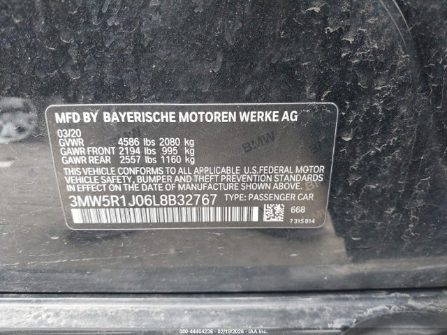 44404236 :رقم المزاد ، 3MW5R1J06L8B32767 vin ، 2020 Bmw 330i مزاد بيع