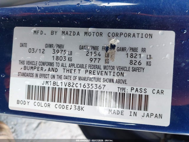 44404253 :رقم المزاد ، JM1BL1V82C1635367 vin ، 2012 Mazda Mazda3 I Touring مزاد بيع
