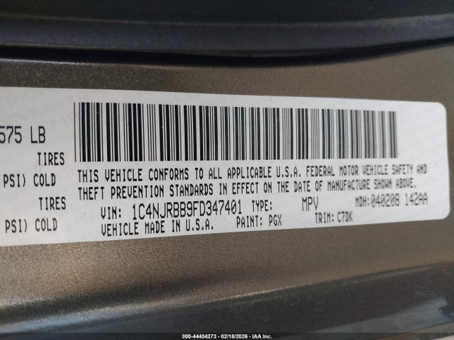 Продажа на аукционе авто 2015 Jeep Patriot Sport, vin: 1C4NJRBB9FD347401, номер лота: 44404273