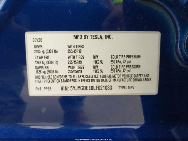 44404294 :رقم المزاد ، 5YJYGDEE8LF021033 vin ، 2020 Tesla Model Y Long Range Dual Motor All-wheel Drive مزاد بيع