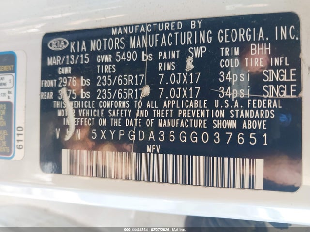 5XYPGDA36GG037651 KIA Sorento 2.4l Lx