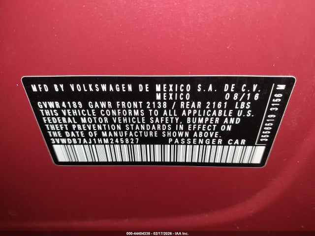 44404338 :رقم المزاد ، 3VWDB7AJ1HM245827 vin ، 2017 Volkswagen Jetta 1.4t Se مزاد بيع