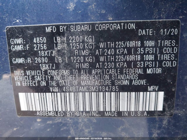 44404340 :رقم المزاد ، 4S4BTAMC3M3134785 vin ، 2021 Subaru Outback Limited مزاد بيع