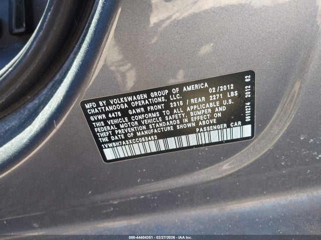 Продаж на аукціоні авто 2012 Volkswagen Passat 2.5l Se, vin: 1VWBH7A3XCC053453, номер лоту: 44404351