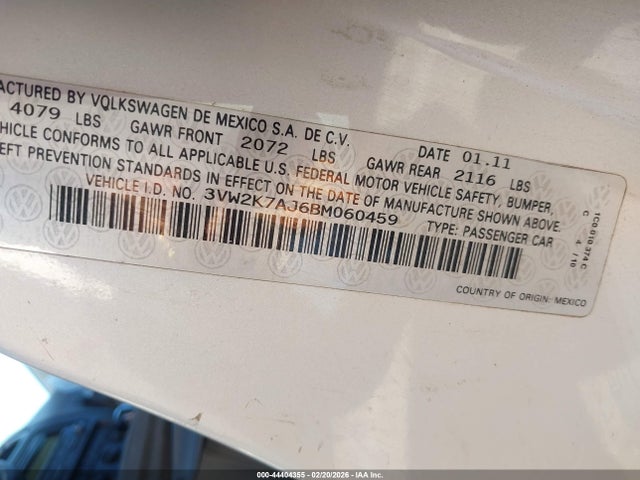 Aukcja sprzedaży 2011 Volkswagen Jetta 2.0l S, vin: 3VW2K7AJ6BM060459, numer aukcji: 44404355
