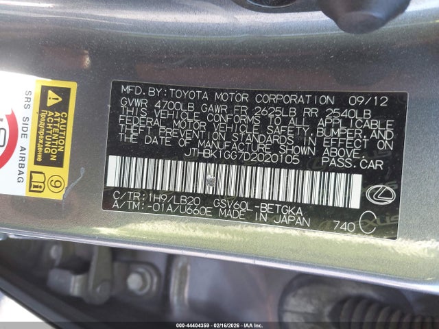 44404359 :رقم المزاد ، JTHBK1GG7D2020105 vin ، 2013 Lexus Es 350 مزاد بيع