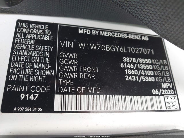 Продаж на аукціоні авто 2020 Mercedes-benz Sprinter 1500 Standard Roof I4, vin: W1W70BGY6LT027071, номер лоту: 44404527