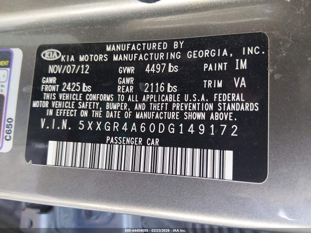 44404585 :رقم المزاد ، 5XXGR4A60DG149172 vin ، 2013 Kia Optima Sx مزاد بيع