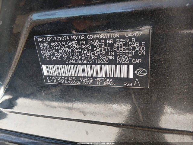 44404628 :رقم المزاد ، JTHBJ46G872118635 vin ، 2007 Lexus Es 350 مزاد بيع