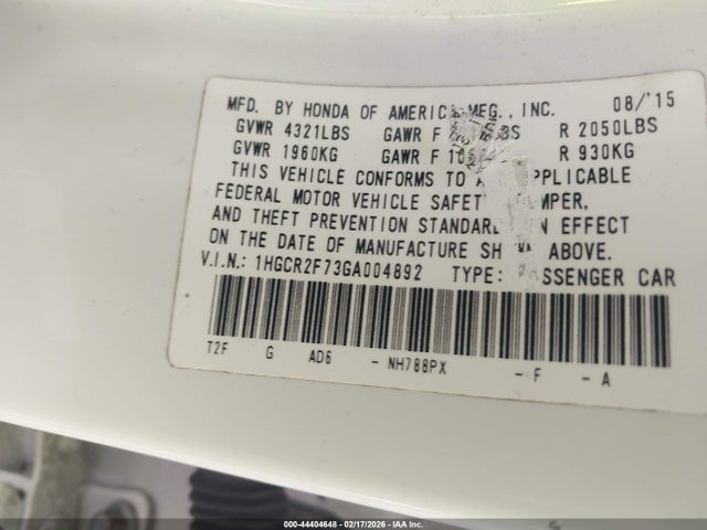 Honda ACCORD EX 2016 1HGCR2F73GA004892 Image 9