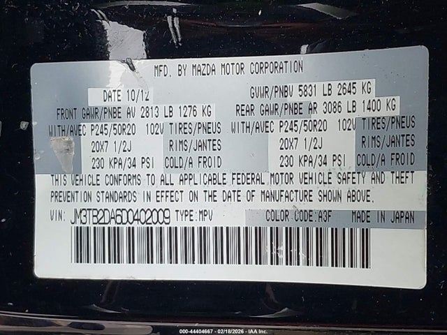 Продажа на аукционе авто 2013 Mazda Cx-9 Grand Touring, vin: JM3TB2DA6D0402009, номер лота: 44404667