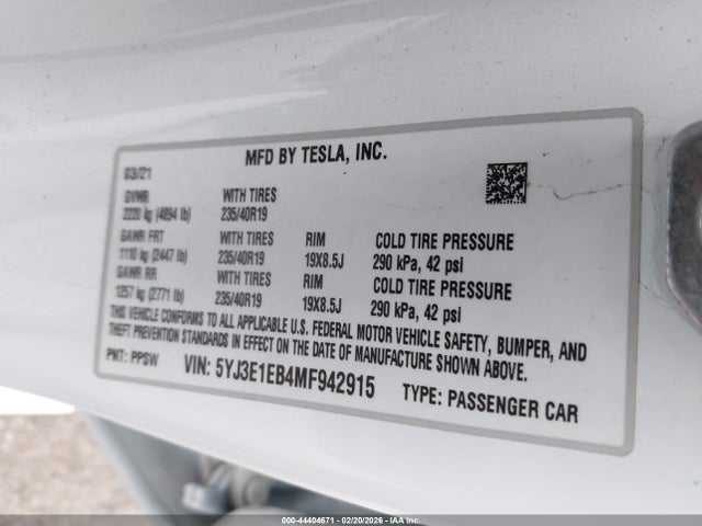 2021 TESLA MODEL 3 5YJ3E1EB4MF942915 Photo 8