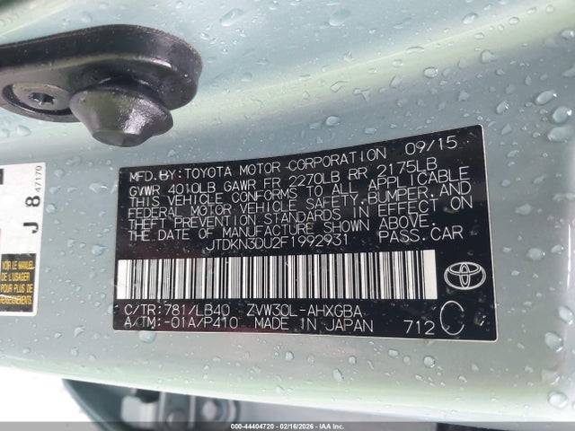 44404720 :رقم المزاد ، JTDKN3DU2F1992931 vin ، 2015 Toyota Prius Four مزاد بيع