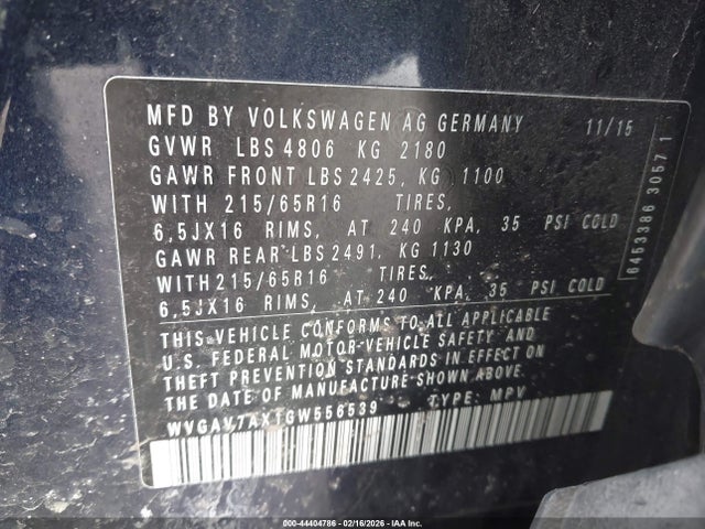 Aukcja sprzedaży 2016 Volkswagen Tiguan S, vin: WVGAV7AX1GW556539, numer aukcji: 44404786