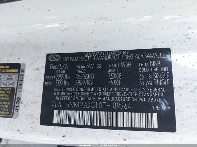 44404817 :رقم المزاد ، 5NMP2DGL0TH189964 vin ، 2026 Hyundai Santa Fe Sel مزاد بيع