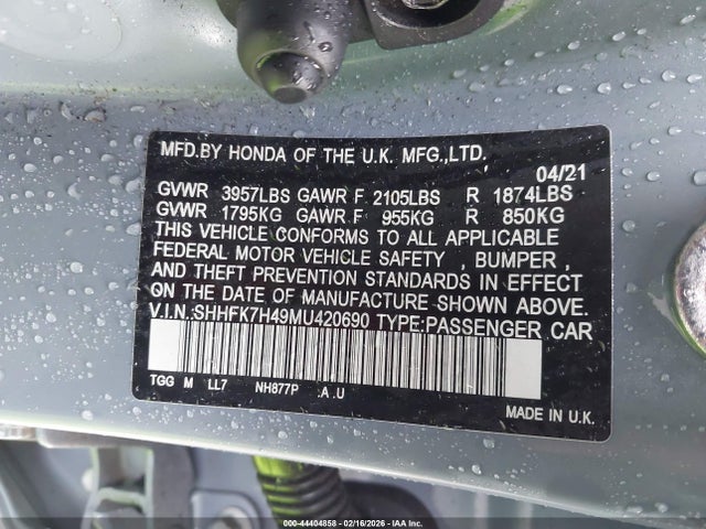 SHHFK7H49MU420690 Honda Civic Sport