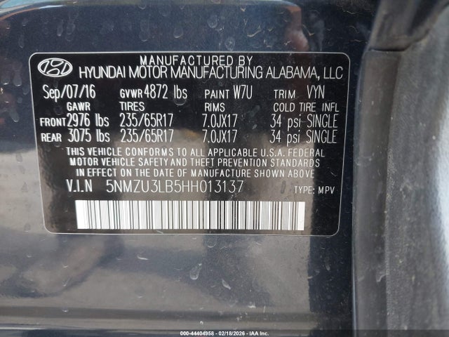 44404958 :رقم المزاد ، 5NMZU3LB5HH013137 vin ، 2017 Hyundai Santa Fe Sport 2.4l مزاد بيع