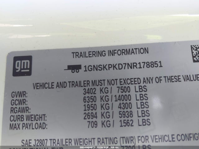 1GNSKPKD7NR178851 Chevrolet Tahoe 4wd Z71