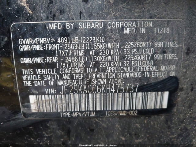 2019 Subaru Forester მანქანა იყიდება აუქციონზე, vin: JF2SKACC6KH475737, აუქციონის ნომერი: 44405002