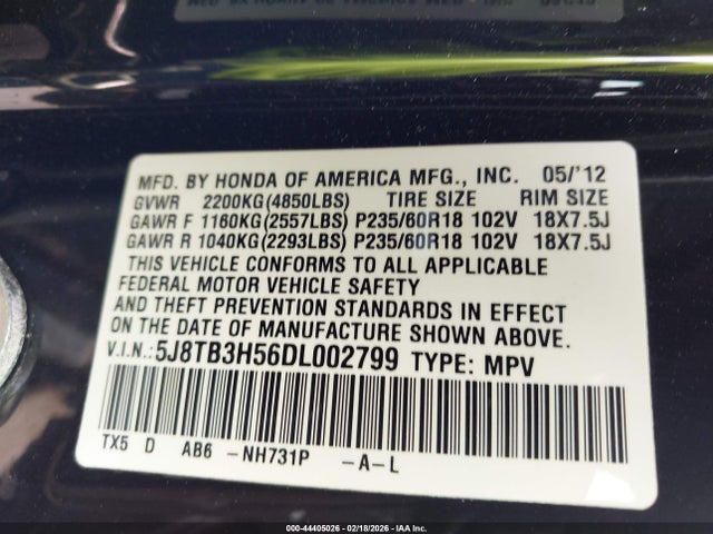 2013 Acura Rdx მანქანა იყიდება აუქციონზე, vin: 5J8TB3H56DL002799, აუქციონის ნომერი: 44405026